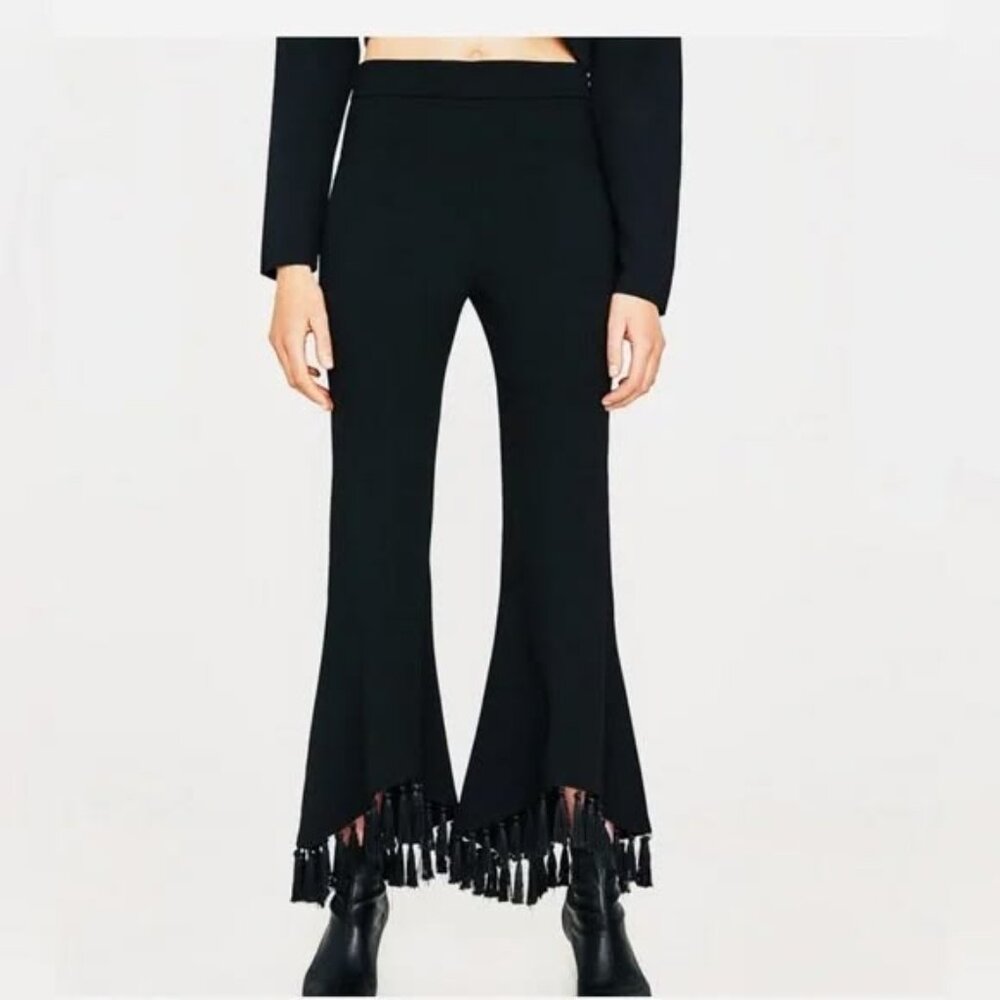 Zara Women's Flare Trouser Pants with Fringe Tassel Hem in Black Size Medium